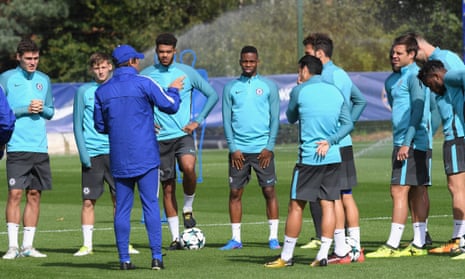 Antonio Conte makes a point during a training session in preparation for Chelsea’s Champions League match against Qarabag.
