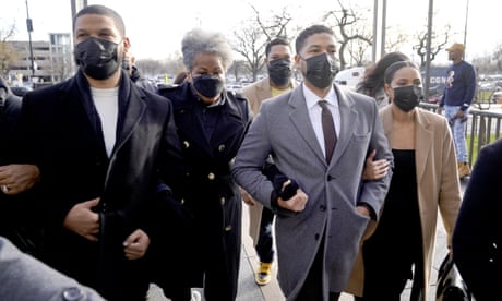 Jussie Smollett<br>FILE - Actor Jussie Smollett, center, arrives with family Thursday, Dec. 2, 2021, at the Leighton Criminal Courthouse on day four of his trial in Chicago. Smollett is accused of lying to police when he reported he was the victim of a racist, anti-gay attack in downtown Chicago nearly three years ago. (AP Photo/Charles Rex Arbogast, File)
