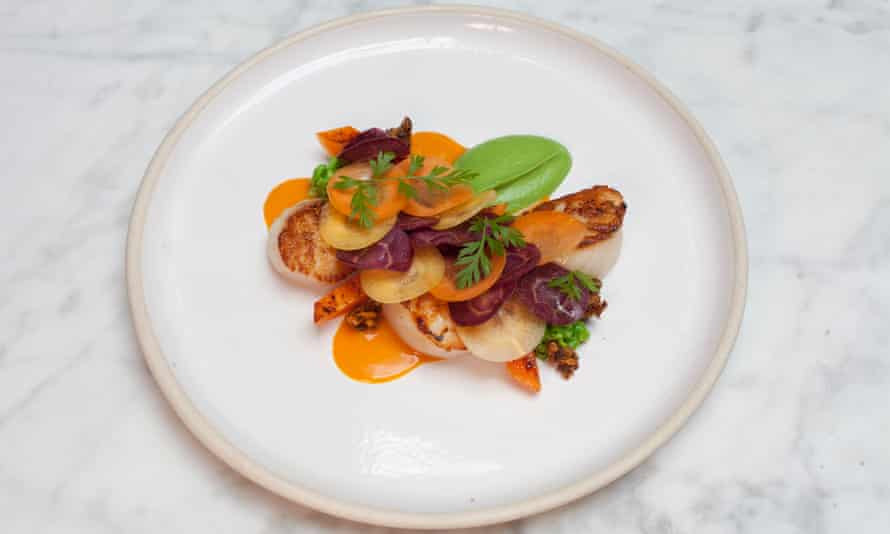 ‘A study in green, orange and purple’: scallops.