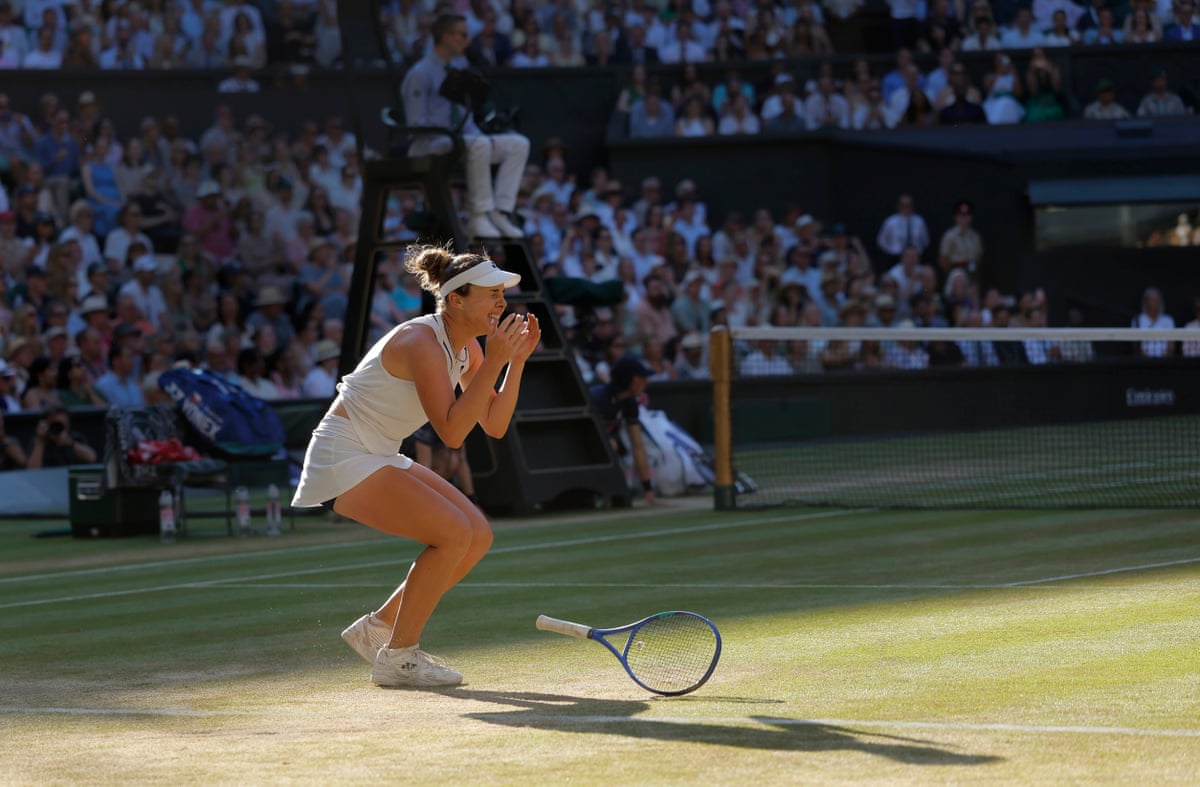 Linda Noskova drops her racket after the final point of the women’s singles final at Wimbledon this summer