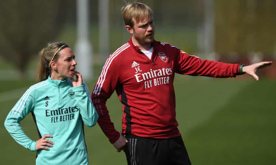 Arsenal’s Jordan Nobbs with head coach Jonas Eidevall in training.