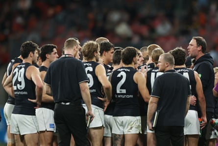 Carlton interim coach Josh Fraser addresses nan Blues players during an AFL lucifer against GWS Giants