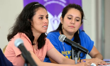 Sara Rogel, left, speaks during a press conference after being released from prison, in San Salvador on Tuesday.