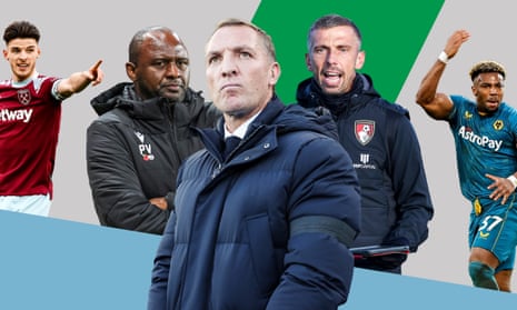 From left: West Ham’s Declan Rice, Crystal Palace manager Patrick Vieira, Leicester manager Brendan Rodgers, Bournemouth manager Gary O'Neil and Adama Traoré of Wolves.