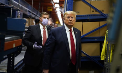 Donald Trump participates in a tour of Owens &amp; Minor Inc, a medical supply company, on Thursday in Allentown, Pennsylvania.