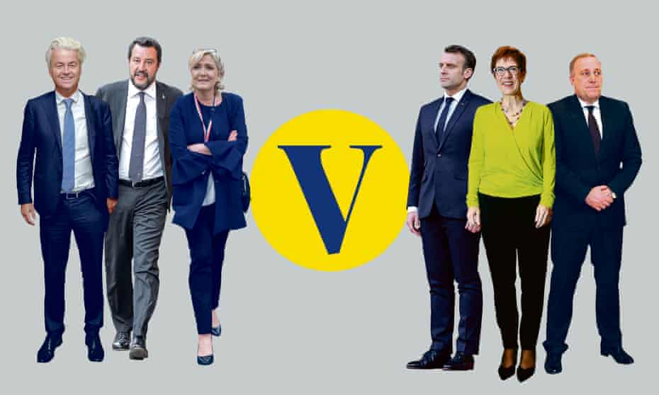 The great divide: from left, populists Geert Wilders, Matteo Salvini and Marine Le Pen; and liberals Emmanuel Macron, Annegret Kramp-Karrenbauer and Grzegorz Scheryna.