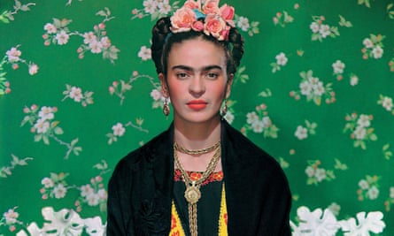 A photograph of Frida Kahlo from a Victoria &amp; Albert Museum exhibit on the artist.