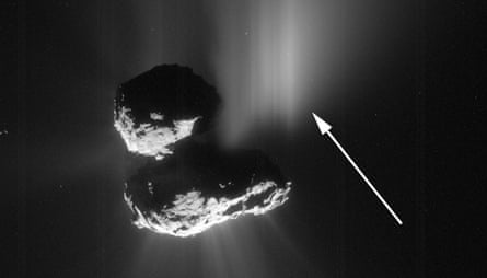 The white arrow shows the outburst caused by the collapse of the 100-metre Aswan cliff on comet 67P.