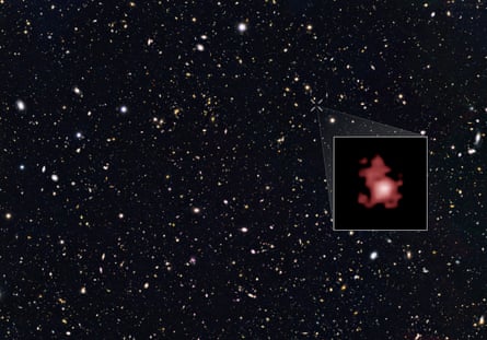 Una imagen del telescopio espacial Hubble de la galaxia GN-z11 (que se muestra en el recuadro) tal como era hace 13.400 millones de años, 400 millones de años después del Big Bang.