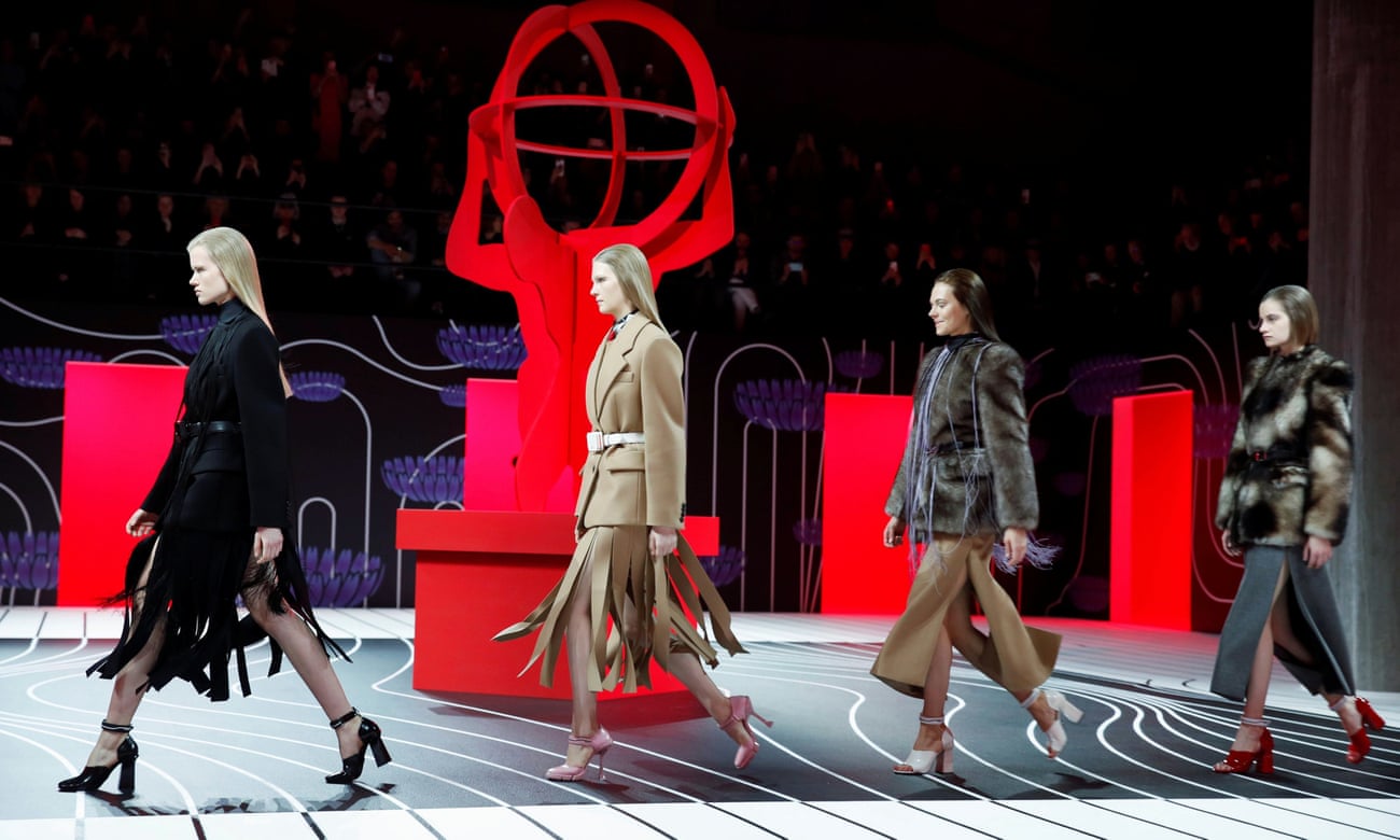 Models on the catwalk at Prada's fashion show in Milan.
