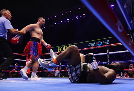 Joseph Parker knocks out Martin Bakole in the second round of their heavyweight bout on Sunday morning in Riyadh.