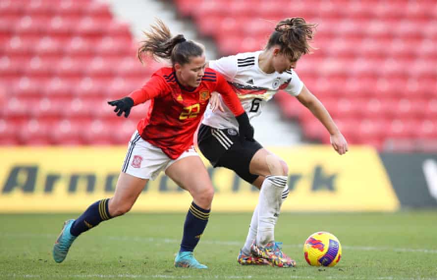 Claudia Pina in action during the Arnold Clark Cup game against Germany at Middlesbrough’s Riverside Stadium.