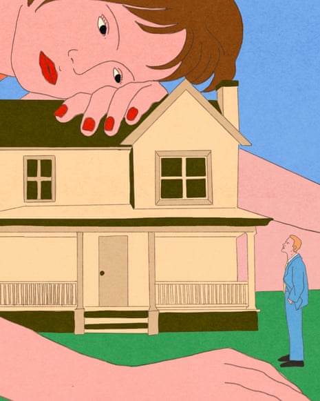 A giant woman leans against a house while looking at a tiny man standing in front of it