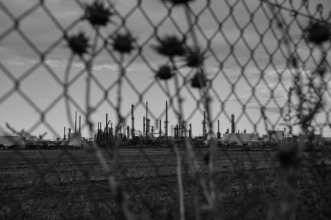An oil refinery seen through weeds and a fence