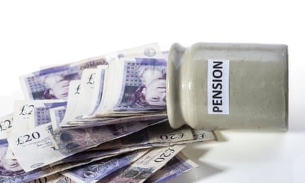 Scores of £20 notes pour from a pot labelled ‘pension’