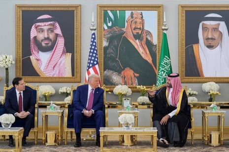 President Donald Trump, (centre), Secretary of State Marco Rubio, left, and Saudi Crown Prince Mohammed bin Salman speak during a coffee ceremony at the Royal Terminal of King Khalid International Airport in Riyadh.