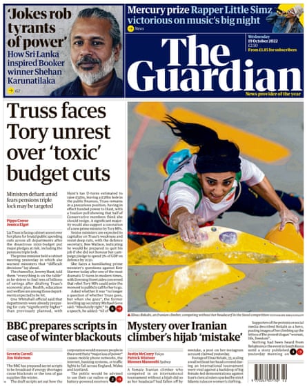 Guardian front page, 19 October 2022