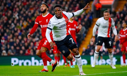 Chiedozie Ogbene celebrates giving Luton an early lead