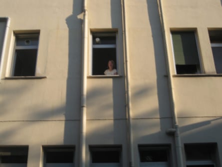 Harris at the hospital window.