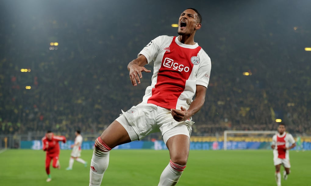Sébastien Haller celebrates after scoring against Borussia Dortmund in November. He became the first player to score in every game in the Champions League group stage.