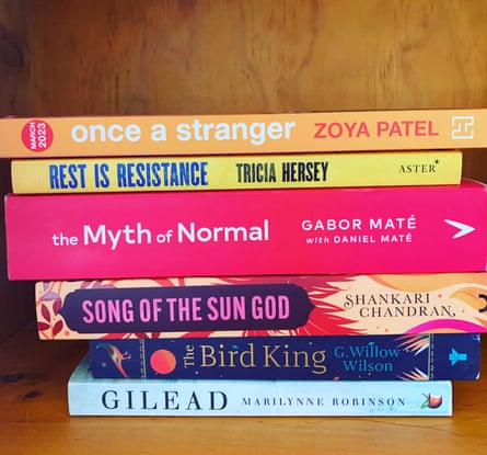 Once a Stranger by Zoya Patel, Rest is Resistance by Tricia Hersey; the Myth of Normal by Gabor Mate; Song of the Sun God by Shankari Chandran; the Bird King by G. Willow Wilson and Gilead by Marilynne Robinson make up Sarah Malik’s summer reading stack.