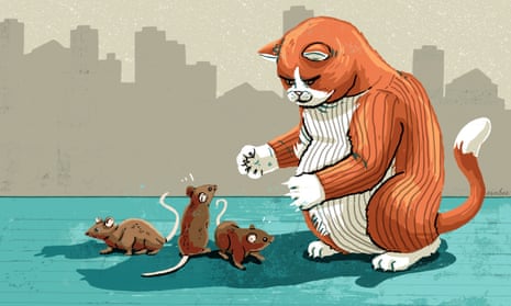 Illustration - of fat cat threatening mice - by Eva Bee