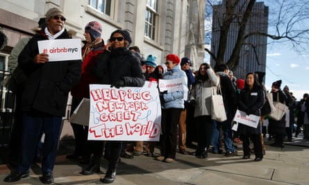 Supporters of Airbnb rally before a hearing at City Hall in January 2015.