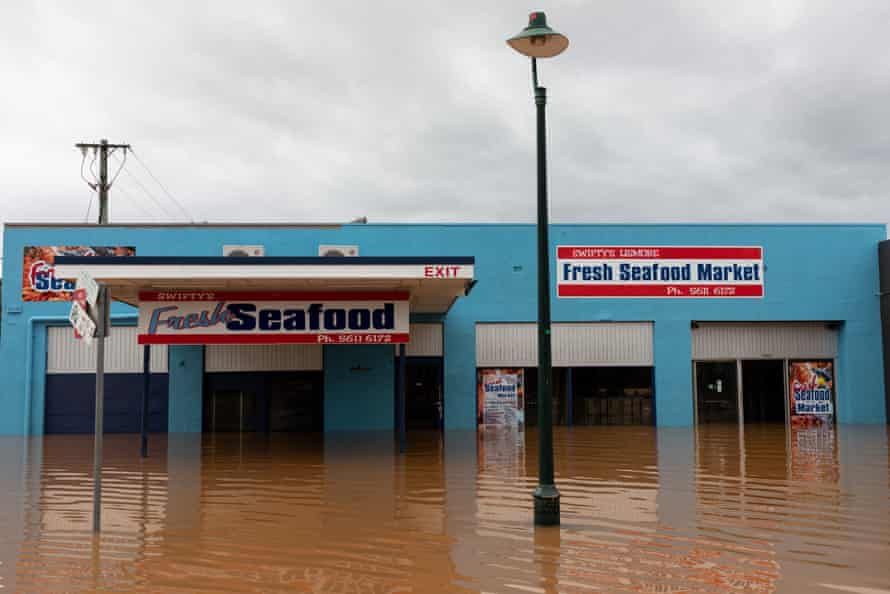 A flooded seafood shop in Lismore 