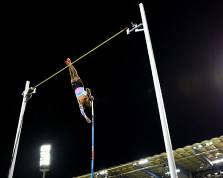 The Greek pole vaulter Emmanouil Karalis begins to clear the bar during the Diamond League final in Brussels.