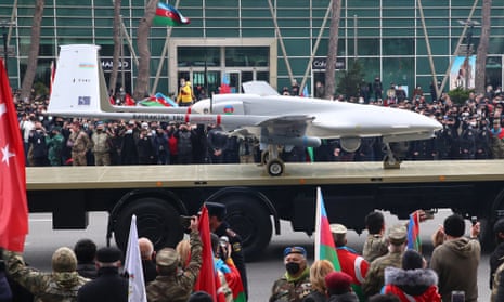 A TB2 drone is displayed during a military parade after the recent fighting in Nagorno-Karabakh between Armenia and Azerbaijan. 