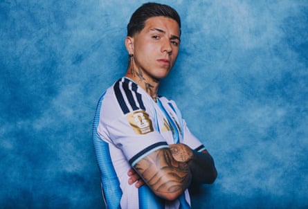 Enzo Fernández of Argentina poses for a image successful beforehand of a bluish backdrop earlier nan 2026 World Cup