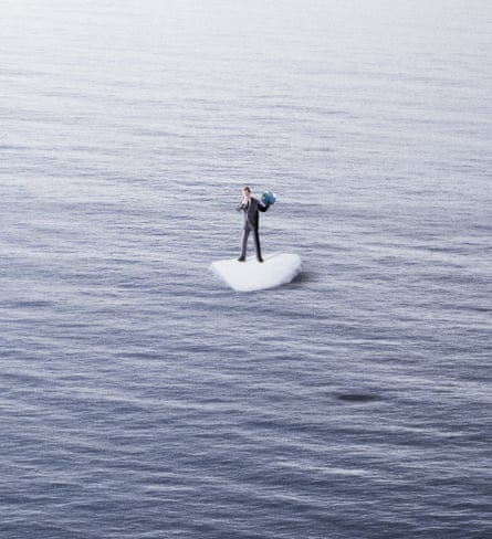 An illustration of a tiny man standing on a tiny ice floe in the middle of a body of water and holding a tiny planet