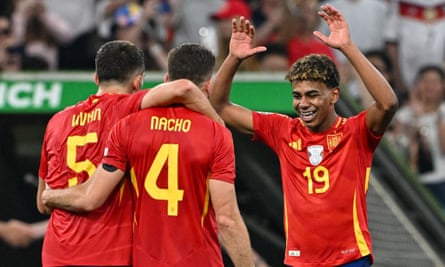 Lamine Yamal celebrates Spain’s win over France.