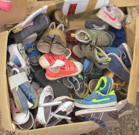 Donated children’s shoes in Chios.