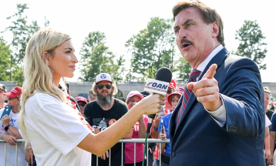 One America News, which promotes conspiracy theories, interviewing the chief executive of MyPillow, Mike Lindell, in Wellington, Ohio, in June.