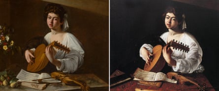 Composite image of the Hermitage and Wildenstein versions of The Lute Player side by side