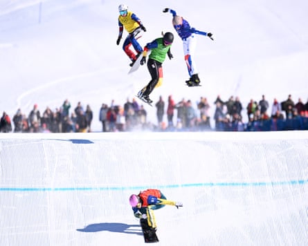 Close to the action … a snowboard race at the Milano Cortina games.