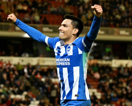 Diego Gómez celebrates the fourth of his four goals in Brighton’s 6-0 Carabao Cup win at Barnsley last September