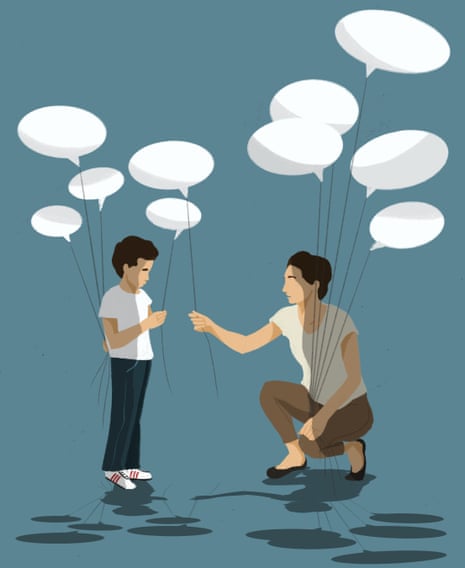 Illustration of woman and child holding speech bubble balloons