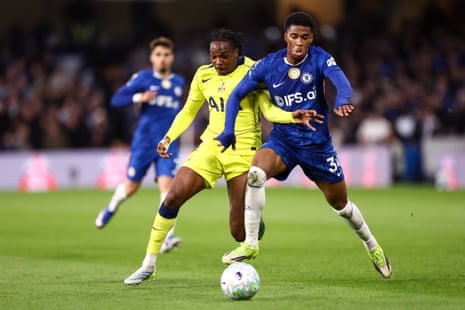 Mathys Tel of Tottenham Hotspur and Josh Acheampong of Chelsea