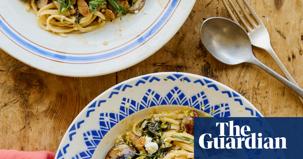 Thomasina Miers’ recipes for mushroom linguine with chard, and poached pears with spiced hazelnut crumble