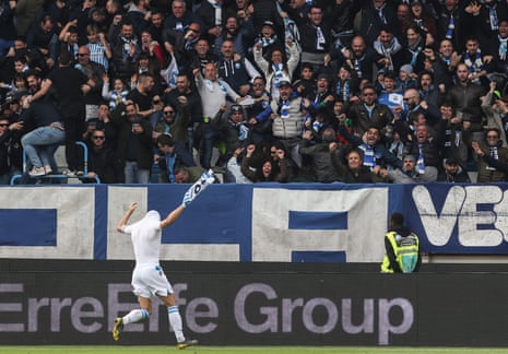 SPAL’s Sergio Floccari celebrates with fans after scoring to put the home side 2-1 ahead.