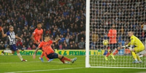 Everton’s Lucas Digne scores an own goal and gives Brighton & Hove Albion the lead.