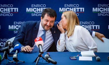 Salvini with Giorgia Meloni at a press conference in Rome in October