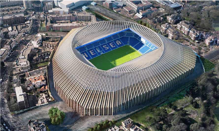 Imagem gerada por computador de uma grande arena cercada por casas