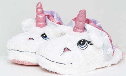White and pink unicorn slippers.