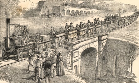 Drawing of people watching a steam train pulling open coaches with passengers over a bridge