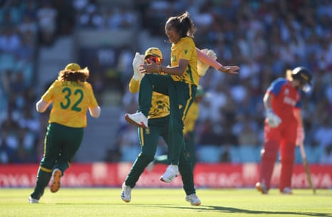 Shabnim Ismail of South Africa celebrates after dismissing Alice Capsey.