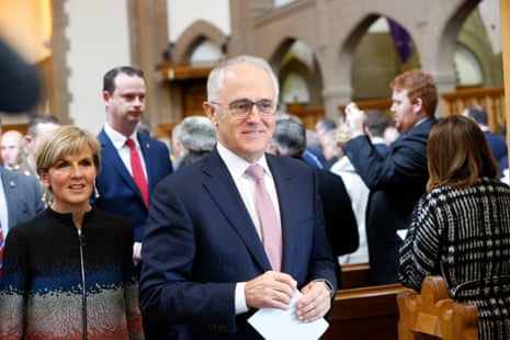 Julie Bishop and Malcolm Turnbull leave an ecumenical service at St Andrew’s in Canberra before the opening of parliament on Tuesday.