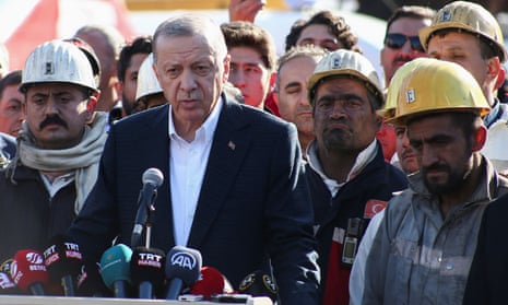 President Recep Tayyip Erdoğan with miners at the coalmine in Amasra on the Black Sea coast